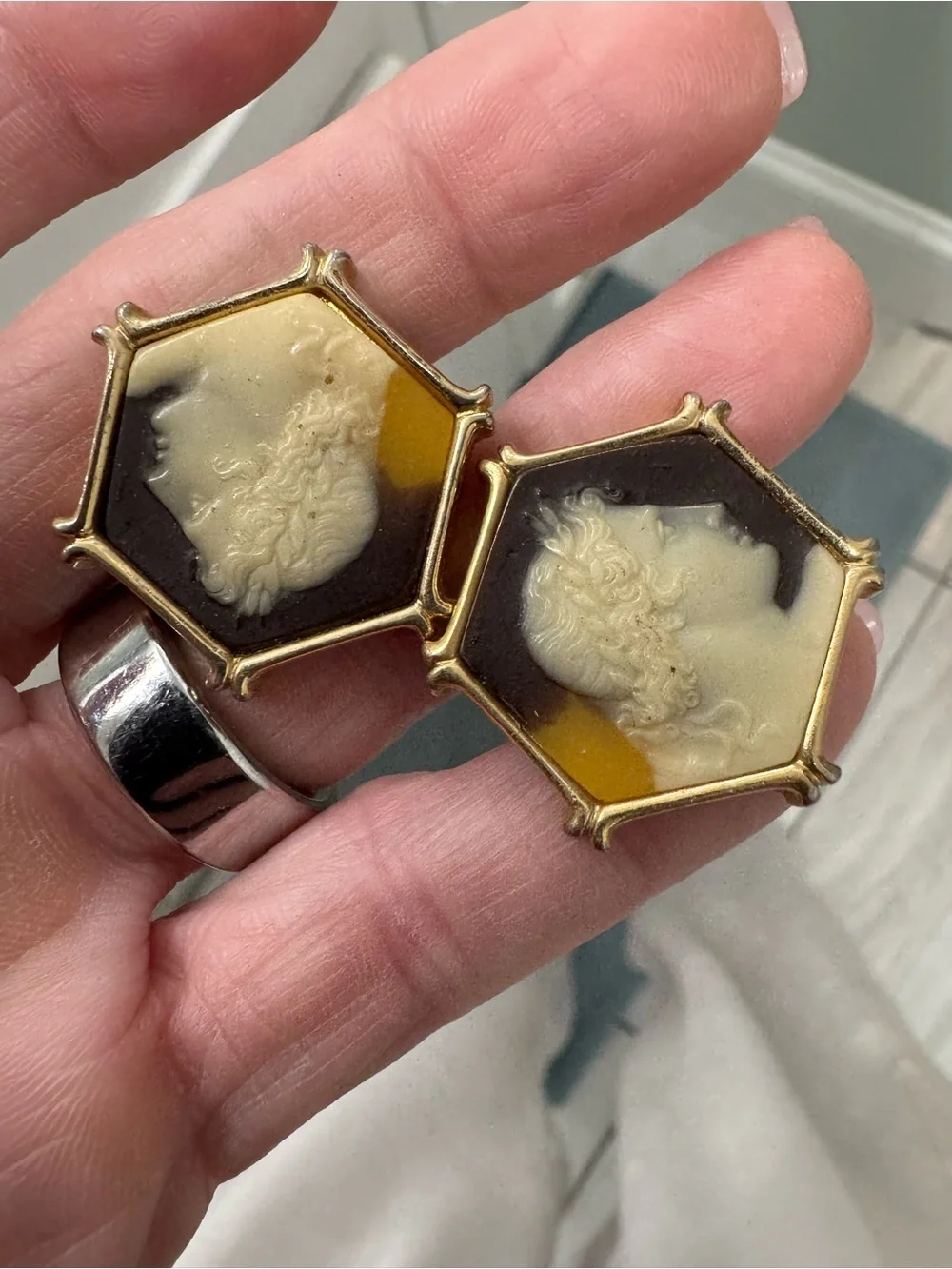 Unique Hexagonal Roman Cameo Cufflinks - Dark Academia Vintage Style